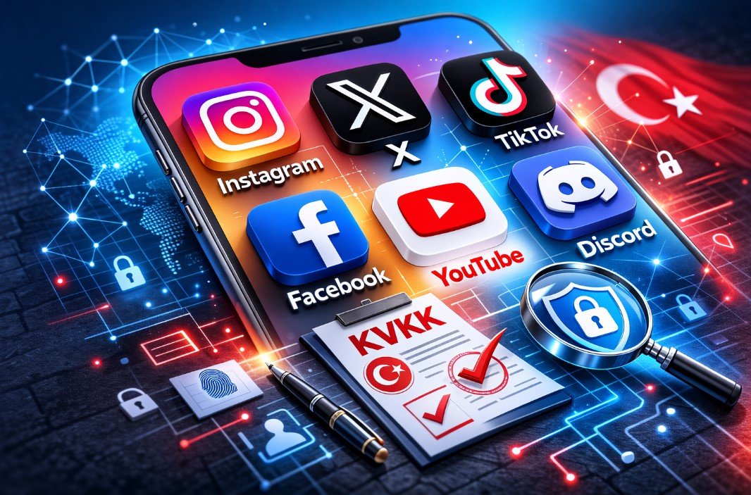 haber 1.jpg KVKK tarafından Instagram, X, TikTok ve Discord’a başlatılan incelemeyi temsil eden dijital güvenlik illüstrasyonu